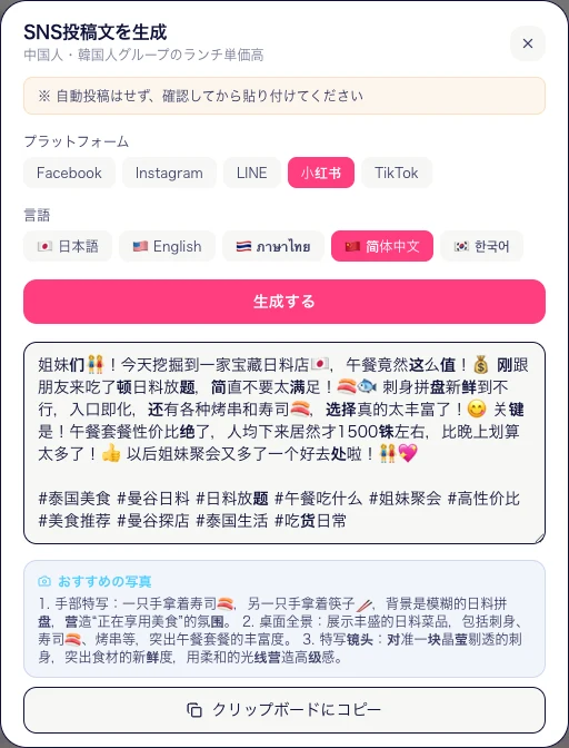 K's POSのSNS投稿生成画面。中国人・韓国人グループのランチ高単価という発見から、小紅書向けの中国語投稿文と、被写体・アングル・光まで指定した撮影指示3案をAIが生成している。